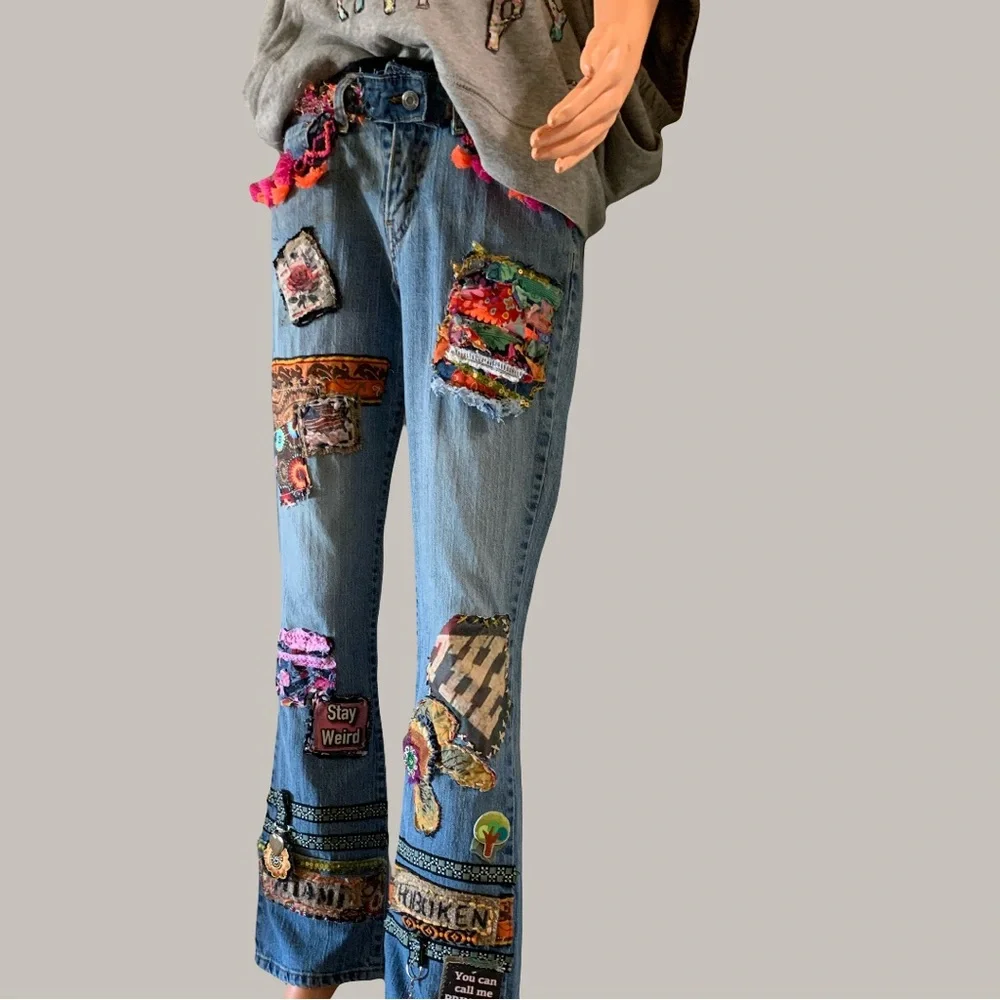 Artistic Patchwork Flare Jeans - Picture 12 of 15